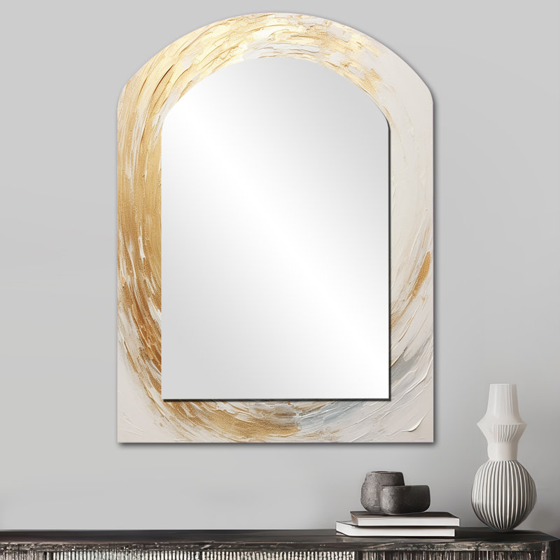 Gold And White Soft Wave Vortex - Abstract Spirals Arch Wall Mirror, Beige Asymmetrical Decorative Mirror, Printed Metal Art