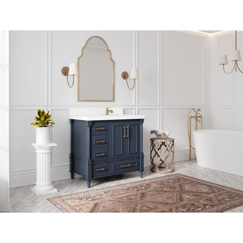 Hudson 36" Navy Blue Solid Wood Freestanding Vanity with White Quartz Top