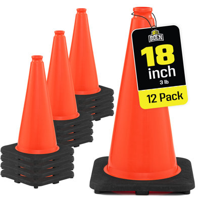 Cônes de signalisation orange Boen 45,7 cm (18 po), paquet de 12, cônes de sécurité haute visibilité avec base robuste pour le stationnement, les événements et la signalisation routière.
