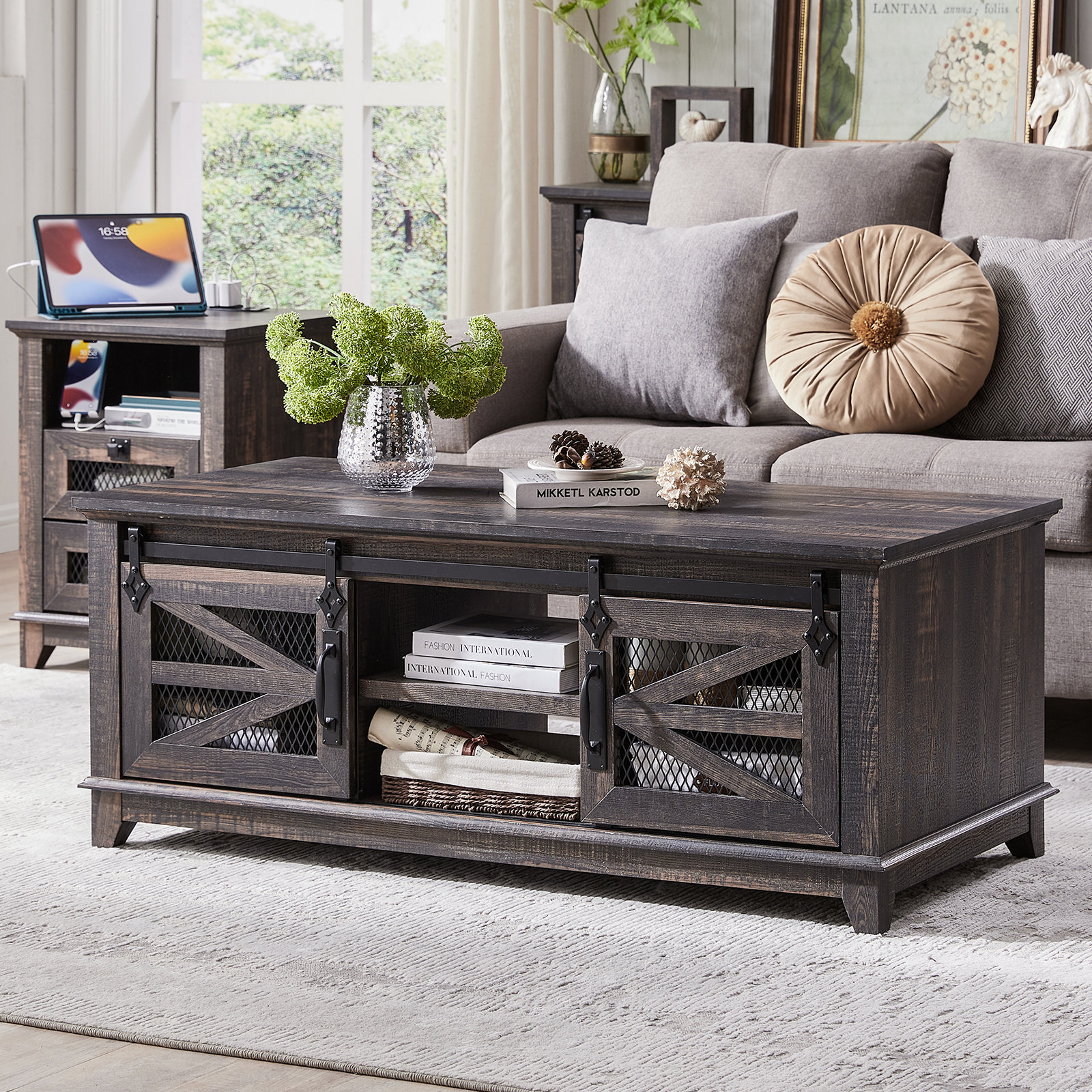 The gray barn end shop table with storage