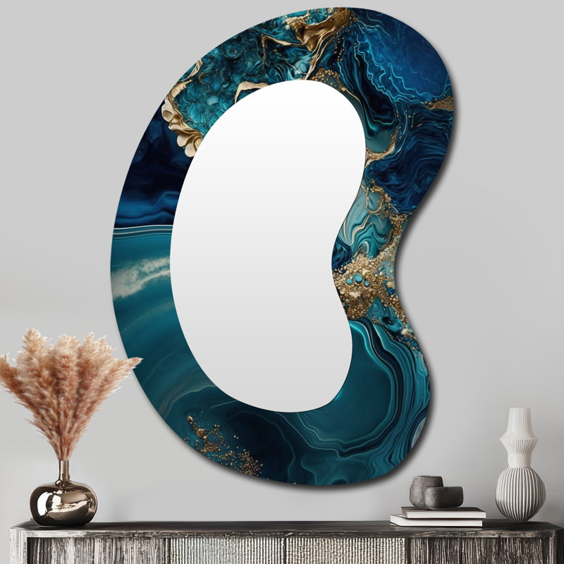 «Erbie Abstract Geode Turquoise I», miroir mural unique de forme irrégulière en marbre, miroir asymétrique moderne, impression d'art en métal