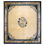 Ivory Beige Cream White Hand Knotted Pile Square 1890s Antique Large Wool Rug