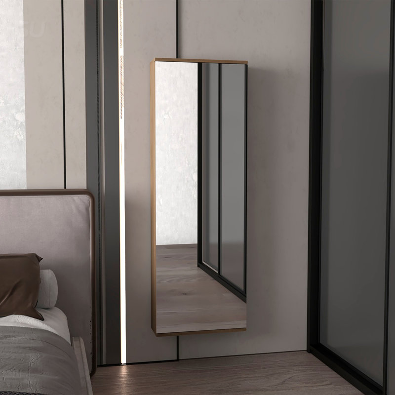 Range-chaussures mural avec miroir et porte, cinq tablettes, rangement compact pour dix paires de chaussures, Bois naturel
