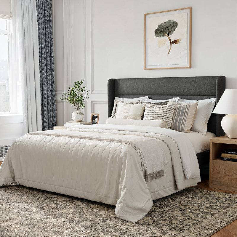 Lit plateforme tapissier pleine grandeur avec tête de lit réglable et lattes en bois, gris foncé, Lit double, Gris