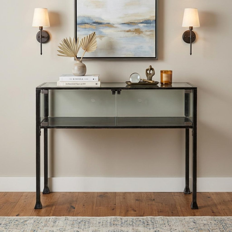 SEI Furniture Distressed 2 Door Metal Terrarium Display Console Table, Black