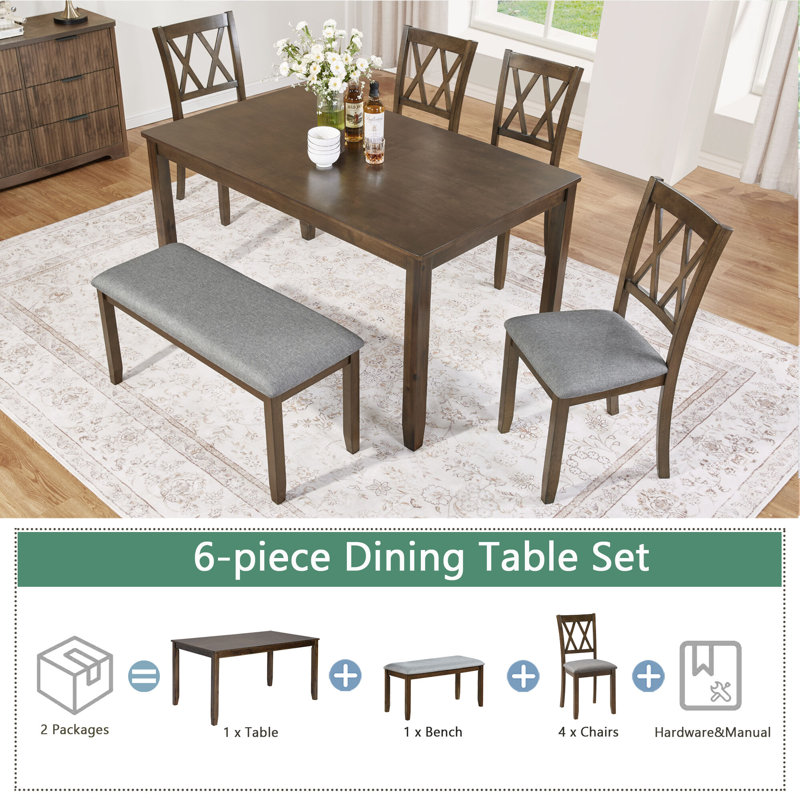 Ensemble de salle à manger de cuisine 6 pièces, table de salle à manger rectangulaire en bois avec 4 chaises rembourrées et un banc, noyer