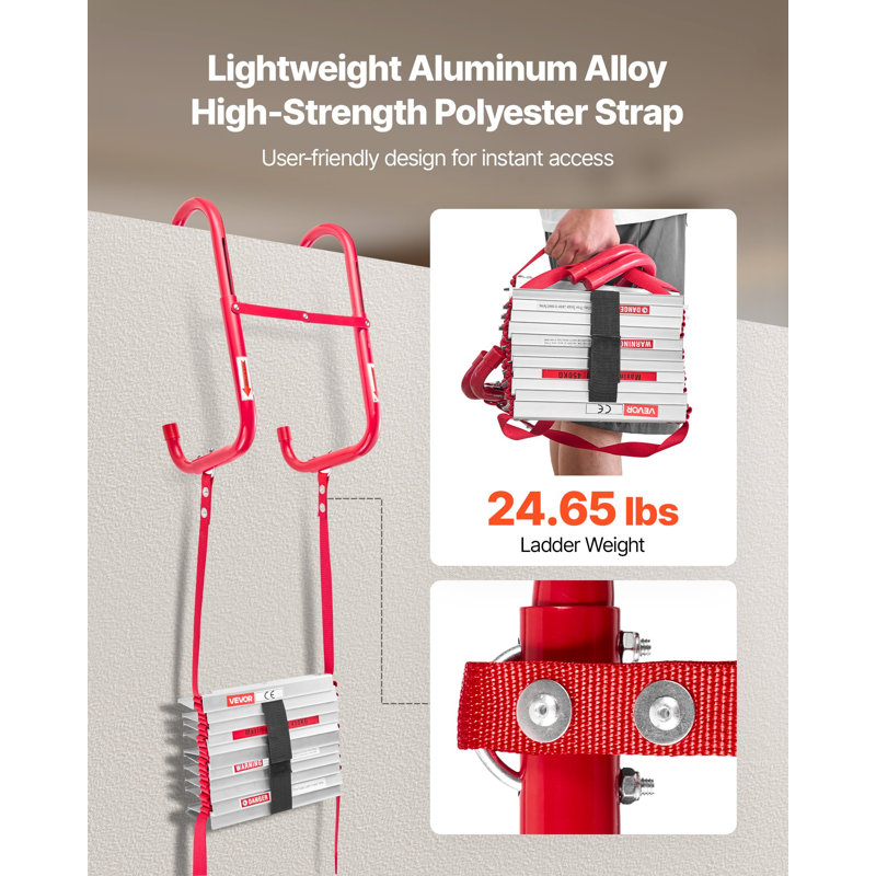 Échelle de secours, échelle de secours rétractable de 5 à 6 étages de 50 pi, échelle de sécurité légère en alliage d'aluminium avec sangle en polyester robuste, échelons larges et antidérapants, capacité de charge maximale de 1 000 lb