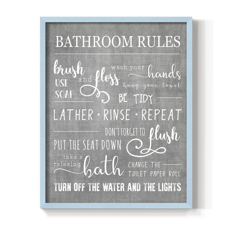 Neutral Bathroom Rules Framed Print - Solid Wood, Blue, 30" H x 24" W