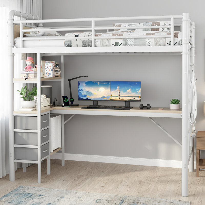 Atreo Metal L - Shaped Desk Loft Bed Frame With LED Lighting & 3 Fabric Drawers, Ideal For Small Apartments, White/Natural