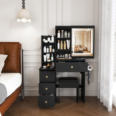 Modern Vanity Desk ,Featuring 3 Modes Of LED Lighting With Adjustable Brightness , With 4 Drawers And Multiple Open Storage Shelves, With A Hair Dryer Holder And Power Socket,  A Dressing Chair. Black