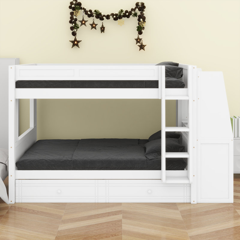 Lit superposé multifonctionnel avec bureau, tablettes de rangement et tiroirs, Blanc
