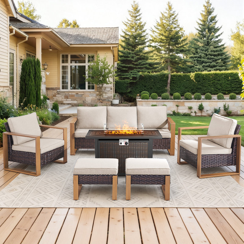 Drazen 7 - Person Patio Furniture Set With Fire Pit Table, All-Weather Wicker Outdoor Conversation Set With Chair And Thick Cushions