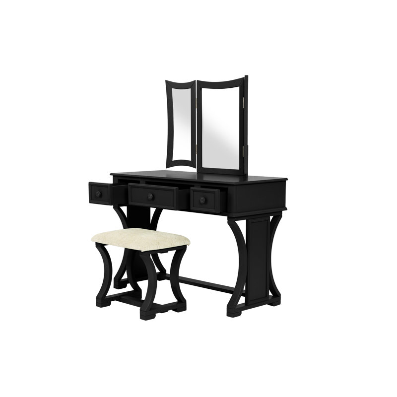Modern Bedroom Vanity In Black With Stool, 3 - Drawer Table And Foldable Mirror, Pine Frame, Particle Board , 43"X19"X54" Size Contemporary W/ Drawers Wood, Veneer, 43X19x54 Inches