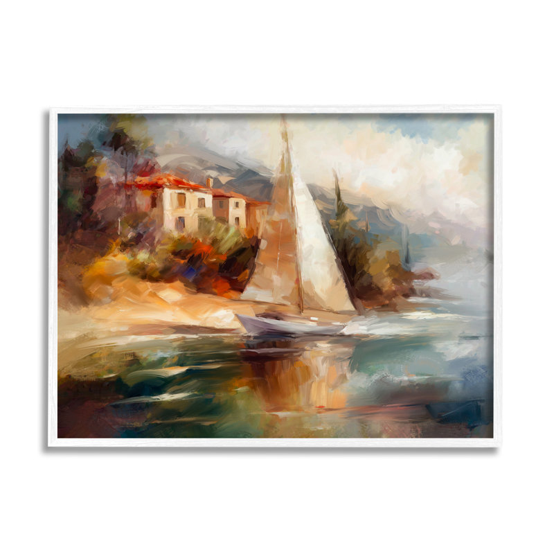 Voilier par Town Shore On Wood par Ziwei Li, peinture, H 24 po x l 30 po x P 1,5 po, Giclée encadrée blanc bord de mer