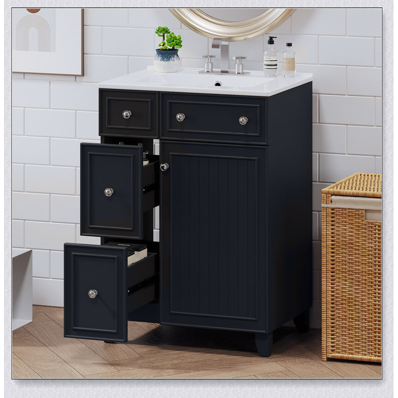 Meuble-lavabo de salle de bain avec lavabo en céramique et 2 tiroirs, Noir, 18"