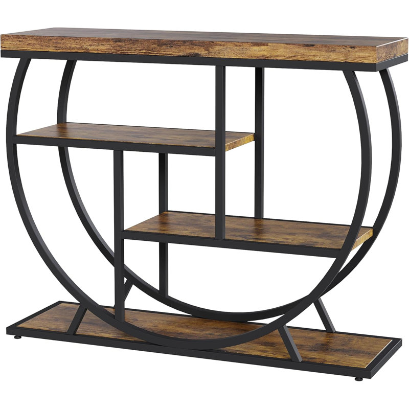 39 in Farmhouse Console Table for Entryway. 4 Tier Rustic Hallway Table with Storage & Semi-Circular Metal Frame. Narrow  Furniture for Living Room. Apartment. Behind Sofa. Brown