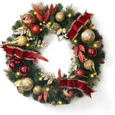  Couronne de Noël pré-éclairée 24 po pour la porte d'entrée avec lumière, couronne de Noël extérieure pliable et éclairée avec boules de Noël et rubans rouges dorés pour le porche de la maison
