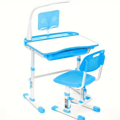 Ensemble de bureau et de chaise pour enfants, en métal bleu, réglable en hauteur, ergonomique, avec plateau inclinable et lampe réglable, tiroir spacieux, idéal pour les garçons de 3 à 18 ans, sans électricité ni piles