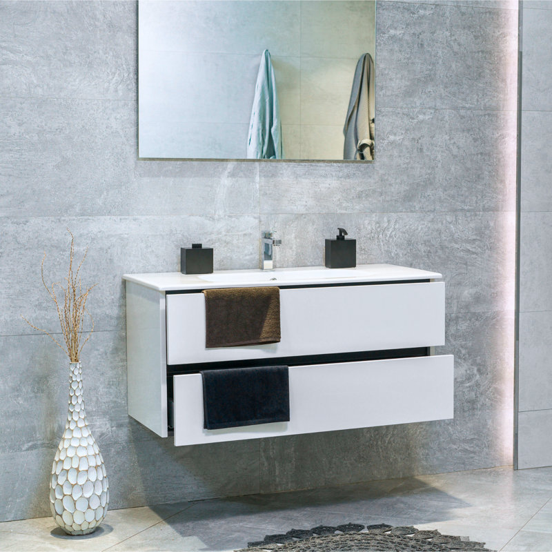Ensemble de meuble-lavabo mural simple 40 po avec plateau en céramique Veneto, Blanc, Blanc