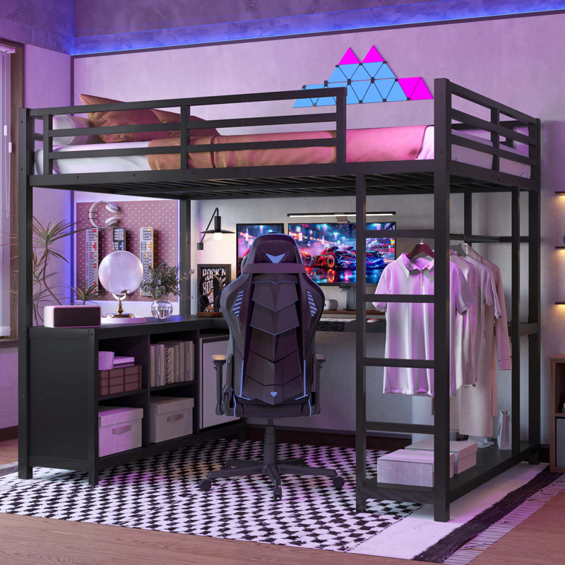 Lit mezzanine double en métal avec bureau en L, garde-robe, cubes de rangement et tablettes