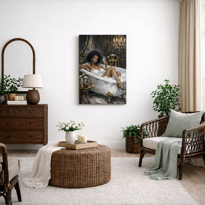 Luxury Woman Relaxing in Bathtub with Champagne Artwork, Bathroom Pictures, Framed Canvas Giclee Print Wall Art