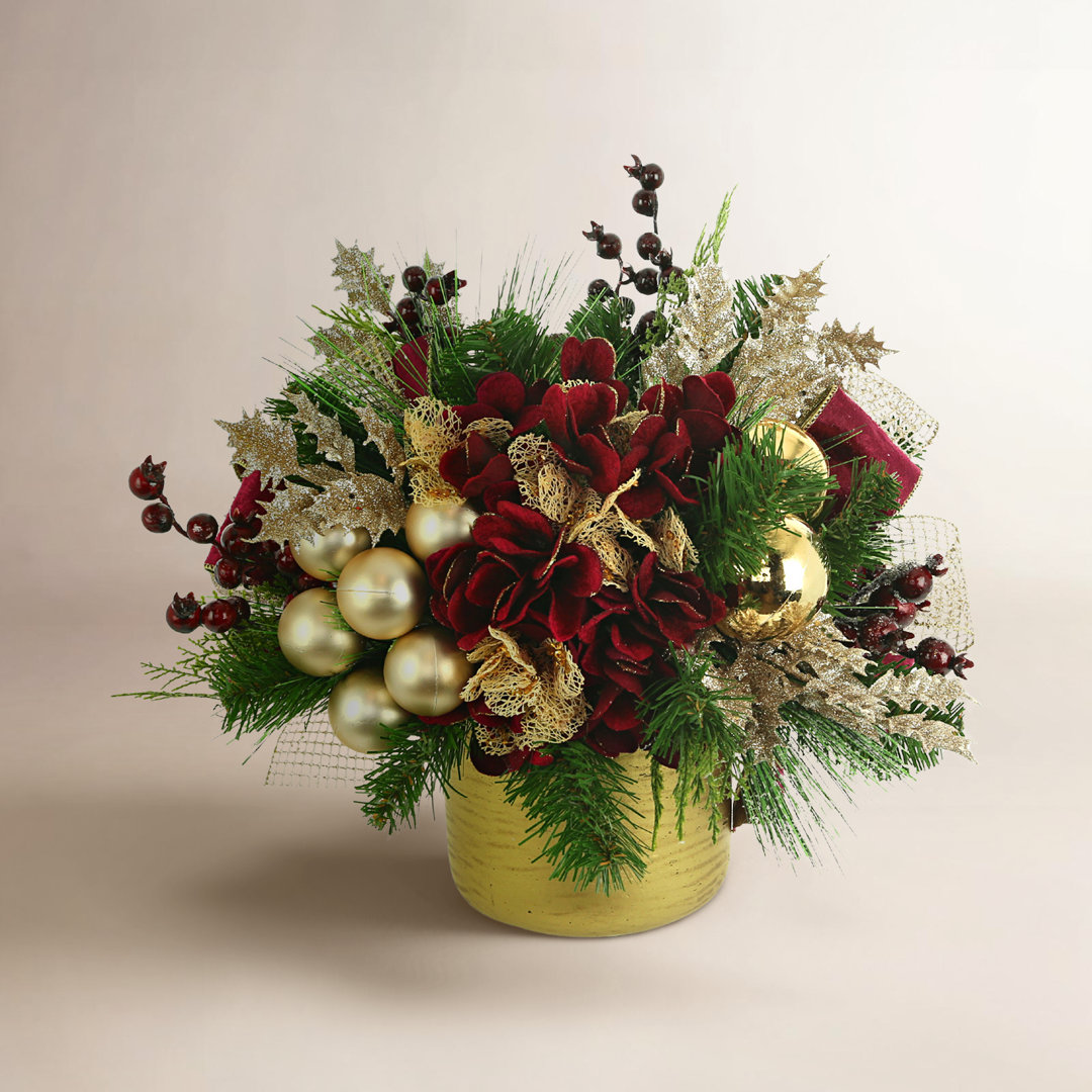Woodside Holiday Arrangement with Hydrangeas, Ornaments and Berries The Twillery Co.®