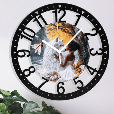 Metal Wall Clock for Living Room -10" Woman Embracing White Wolf Under Full Moon Silent Non Ticking,Battery Operated, Antique Clocks for Farmhouse,Bedroom,Kitchen - Arabic Numerals