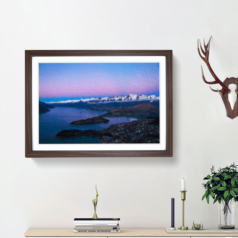 Lake in Queenstown New Zealand - Picture Frame Painting Print, Walnut Framed, 27cm H x 36cm W x 2cm D