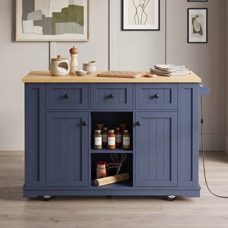 Chariot pour îlot de cuisine roulant avec abattant, prise de courant, 3 tiroirs, tablettes réglables et supports de porte