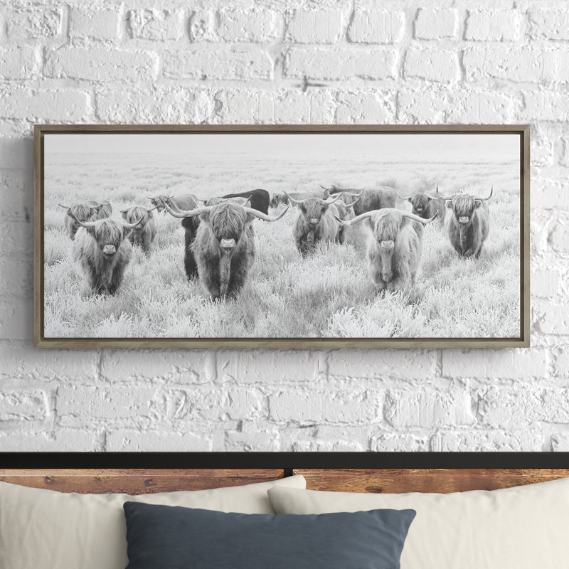 Herd of Highland Cows Black and White Framed Canvas Art
