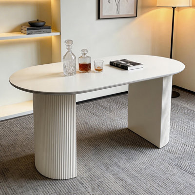 White Sintered Stone Oval Dining Table, 160cm Matt Marble Vein with Double Semi-Cylindrical Legs Fast Dispatch From UK Warehouse – Dispatched Within 2 Days