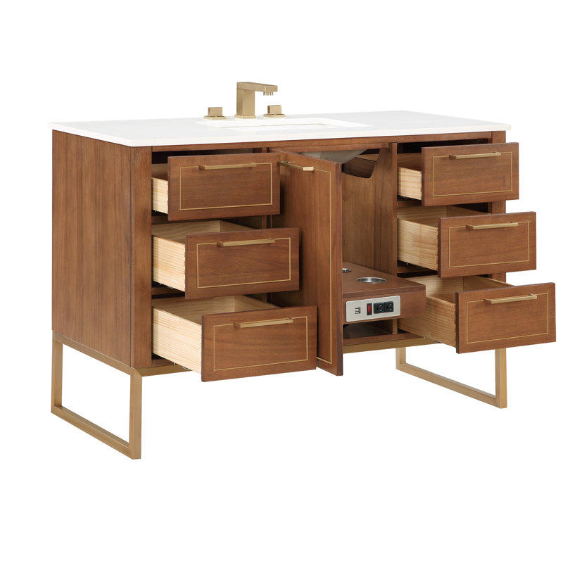 Markham 48'' W Single Vanity, White Quartz, Satin Brass, Walnut