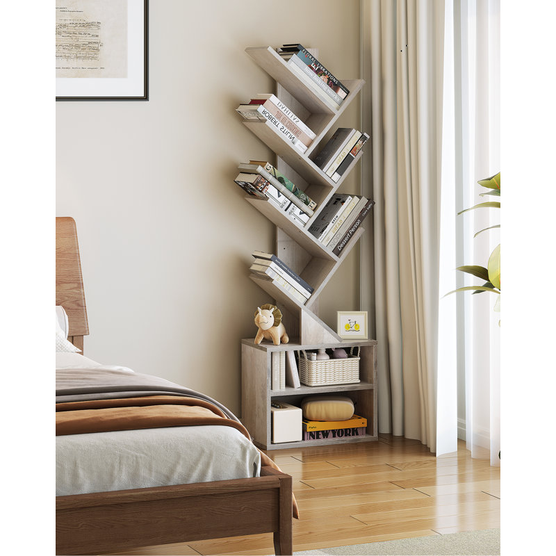 6 Tier Tree Storage Bookcase with Shelves, Light Gray