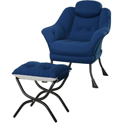 Fauteuil d'appoint rembourré moderne en velours avec poche latérale de rangement et repose-pieds pliable, structure en acier renforcé, fauteuil de lecture de 330 lb pour les petits salons et appartements, bleu