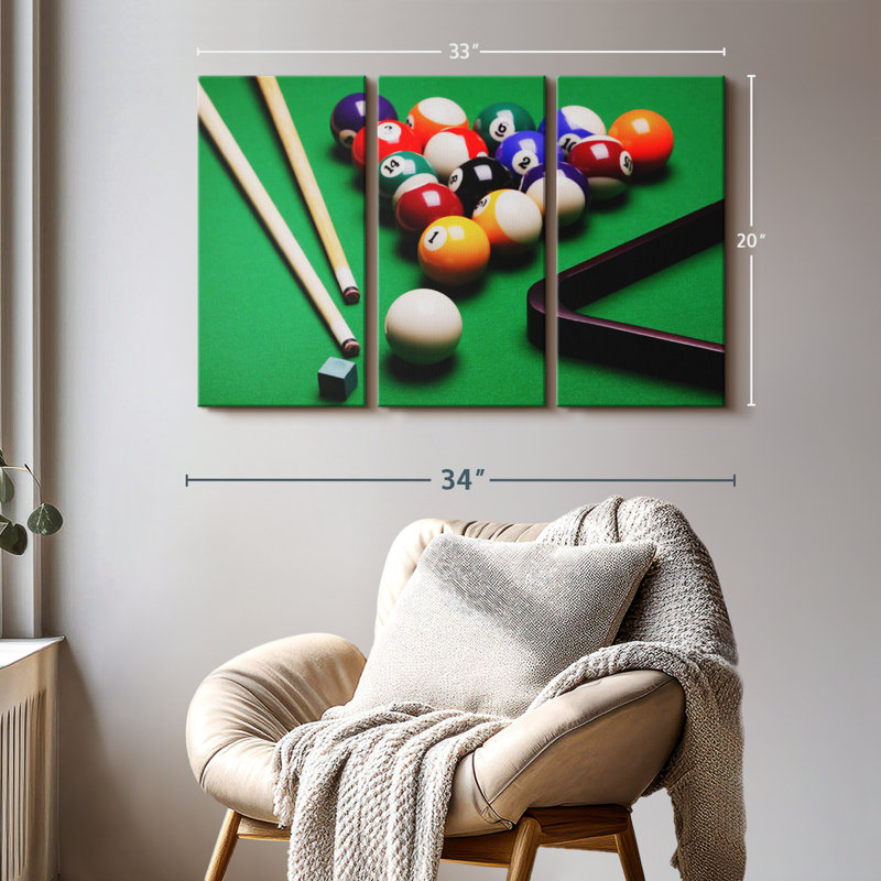 «Game Of Billiards», 3 pièces sur toile, H 20 po x l 33 po x P 1,25 po