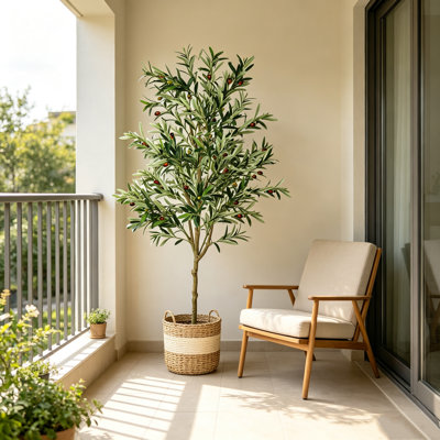 6FT Artificial Olive Tree with Black pot&Basket, Fake Olive Tree with Realistic Leaves and Olives for Living Room Decor