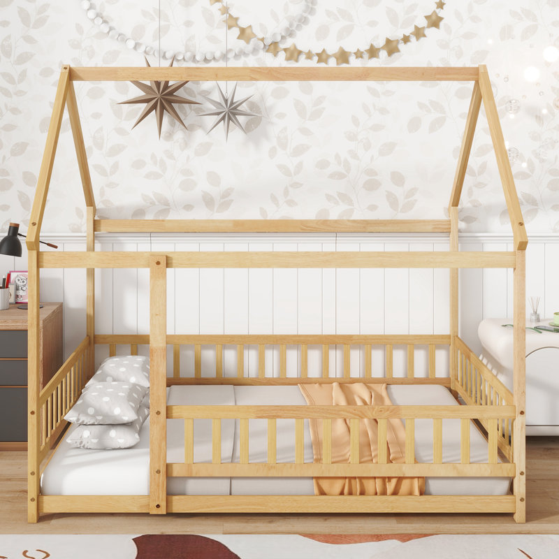 Full House Floor Bed With Roof Frame & Safe Fence Design, Natural