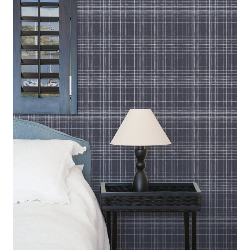 Deauville 2 Grid Lines Effect 33' L x 21" W Wallpaper Roll, Navy Blue/White