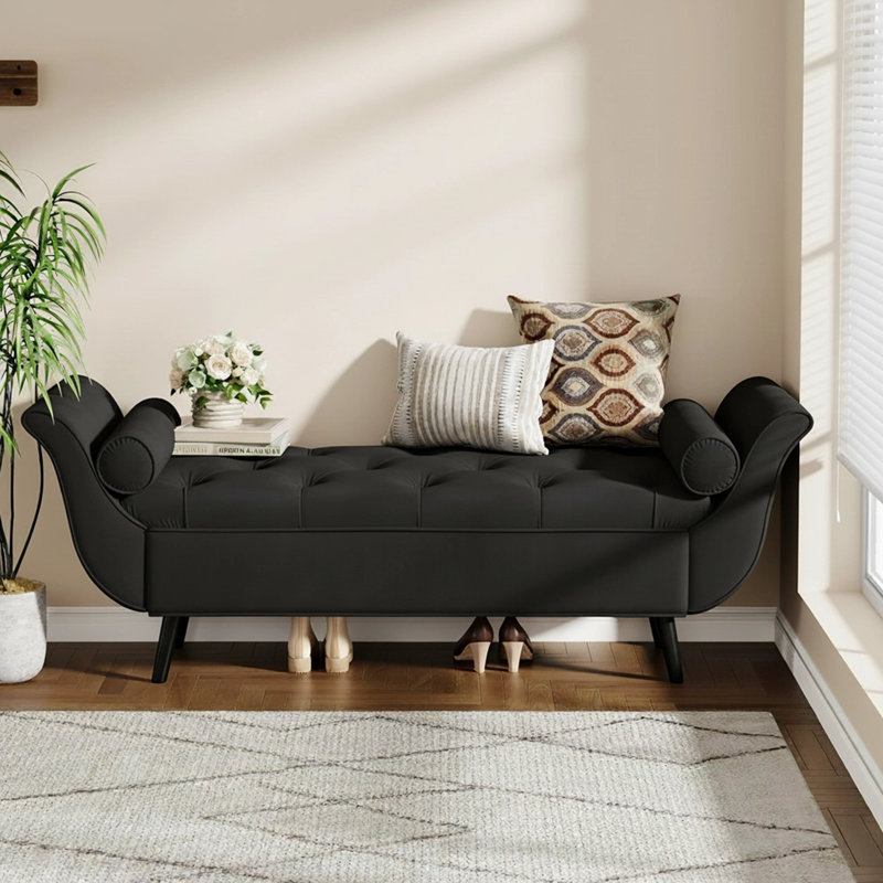 Velvet Upholstered Storage Bench, Black