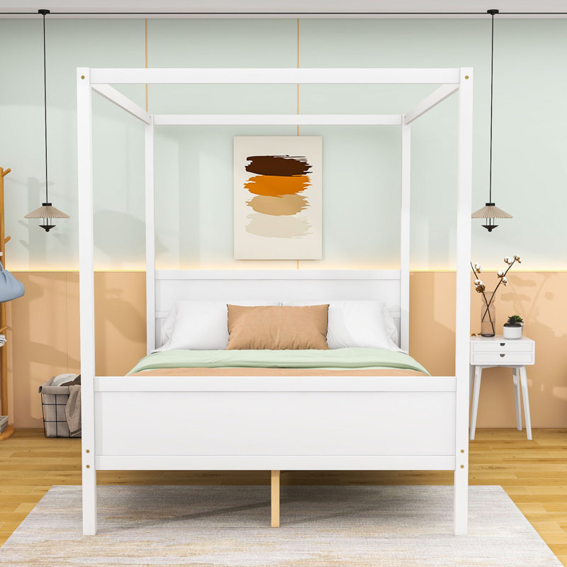 Queen Size Wooden Platform Bed with Headboard and Footboard, Slats, White