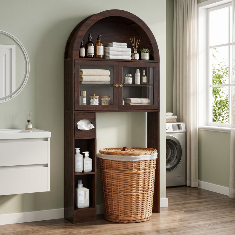 Armoire de rangement au-dessus de la toilette H 68 po, organisateur de salle de bain autoportant avec portes en verre, tablettes réglables, armoire arquée et porte-papier hygiénique