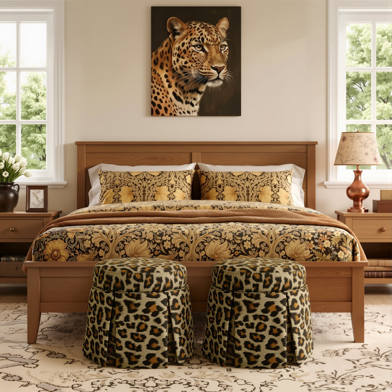 Leopard Round Ottoman With Storage, Acacia Wood Frame Small Coffee Table & Hidden Storage For Living Room Fully Assembled