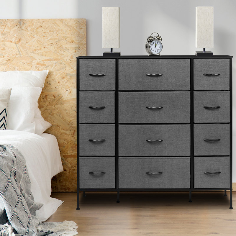 Black Steel Frame 12-Drawer Dresser with Wood Top