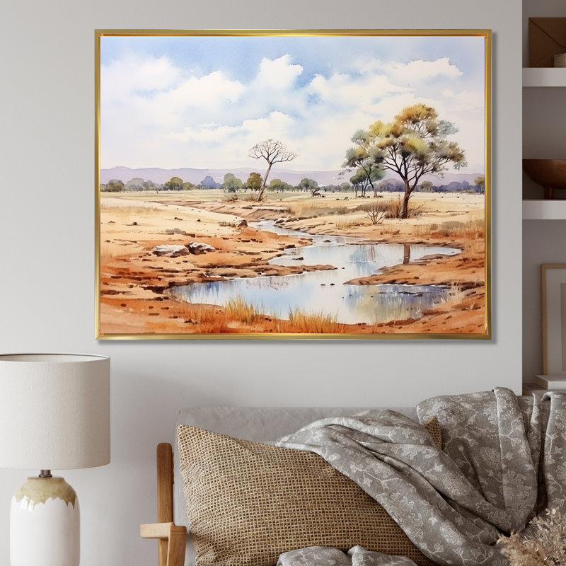 Beige, safari africain, paysage II, art mural Afrique, Cadre flottant doré, H 34 po x l 44 po x P 1,5 po