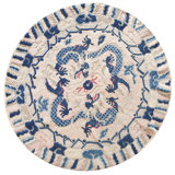 Antique Geometric Medallion Hand Knotted Pile Ivory Beige Cream White Wool Round 1890s Rug
