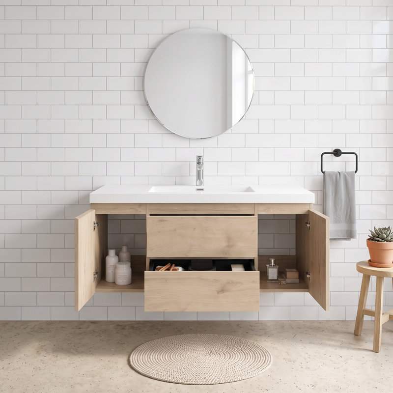 Meuble-lavabo mural en mélamine de bois de 48 po, aspect bois naturel, résistant à l'usure et aux égratignures, surface non poreuse et facile à nettoyer, préassemblé