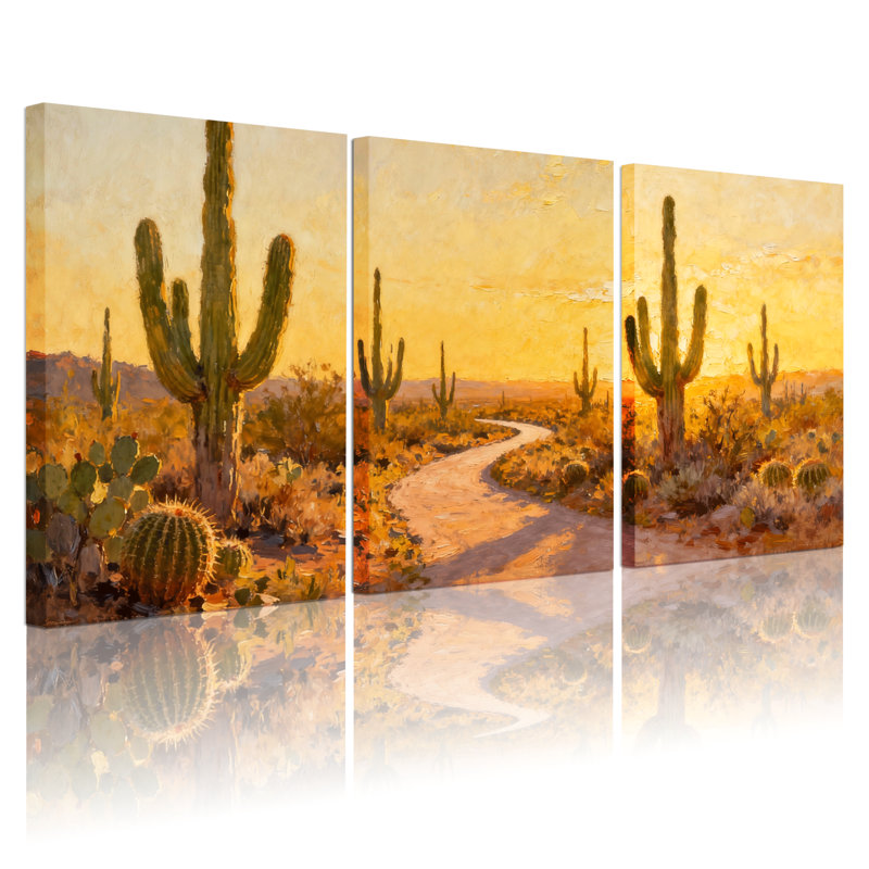 «Cactus Desert Landscape with Cactus and Sunset», ensemble de 3 impressions sur toile, H 24 po x l 48 po