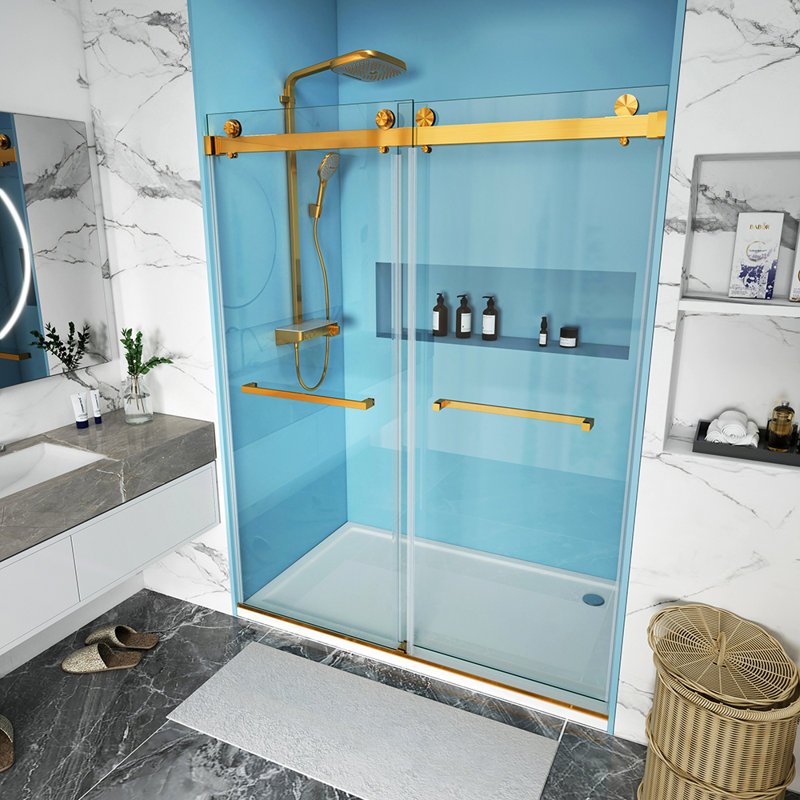 56"-60" W * 76" H Double Sliding Shower Door With 10mm Tempered Glass , Gold