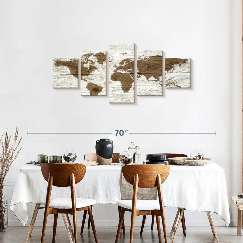 Carte du monde en bois III sur toile, ensemble de 5 pièces, H 55 po x l 24 po x P 1,25 po