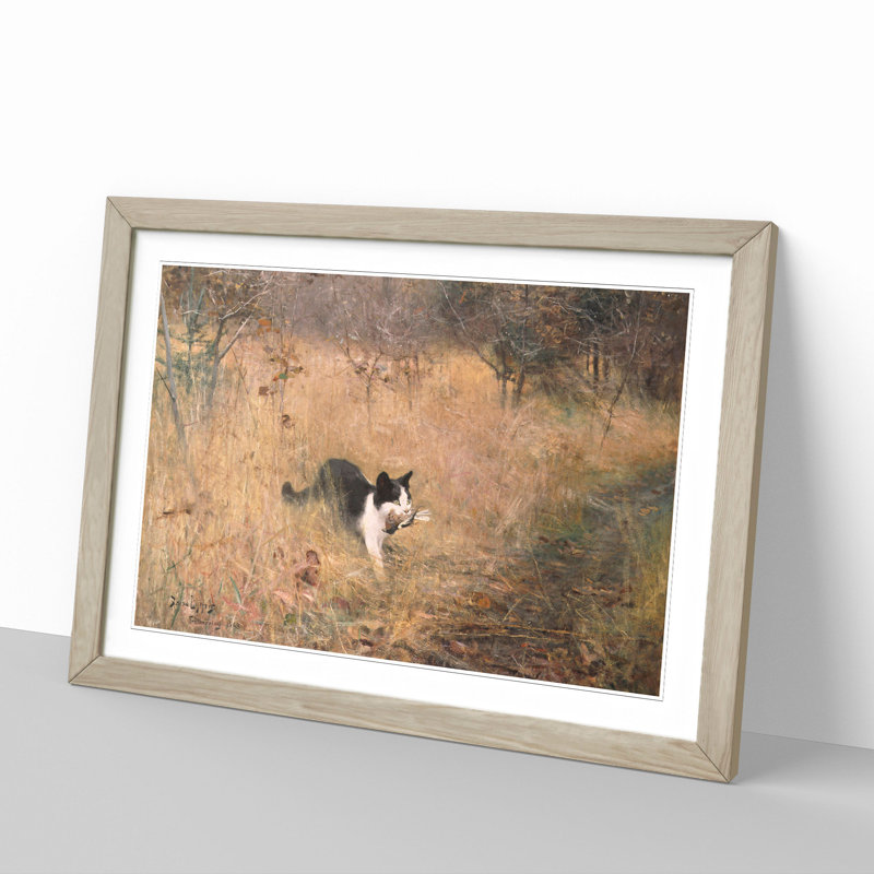 Cat with a Bird by Bruno Liljefors - Framed Print, 27cm H x 36cm W x 2cm D, Oak Framed
